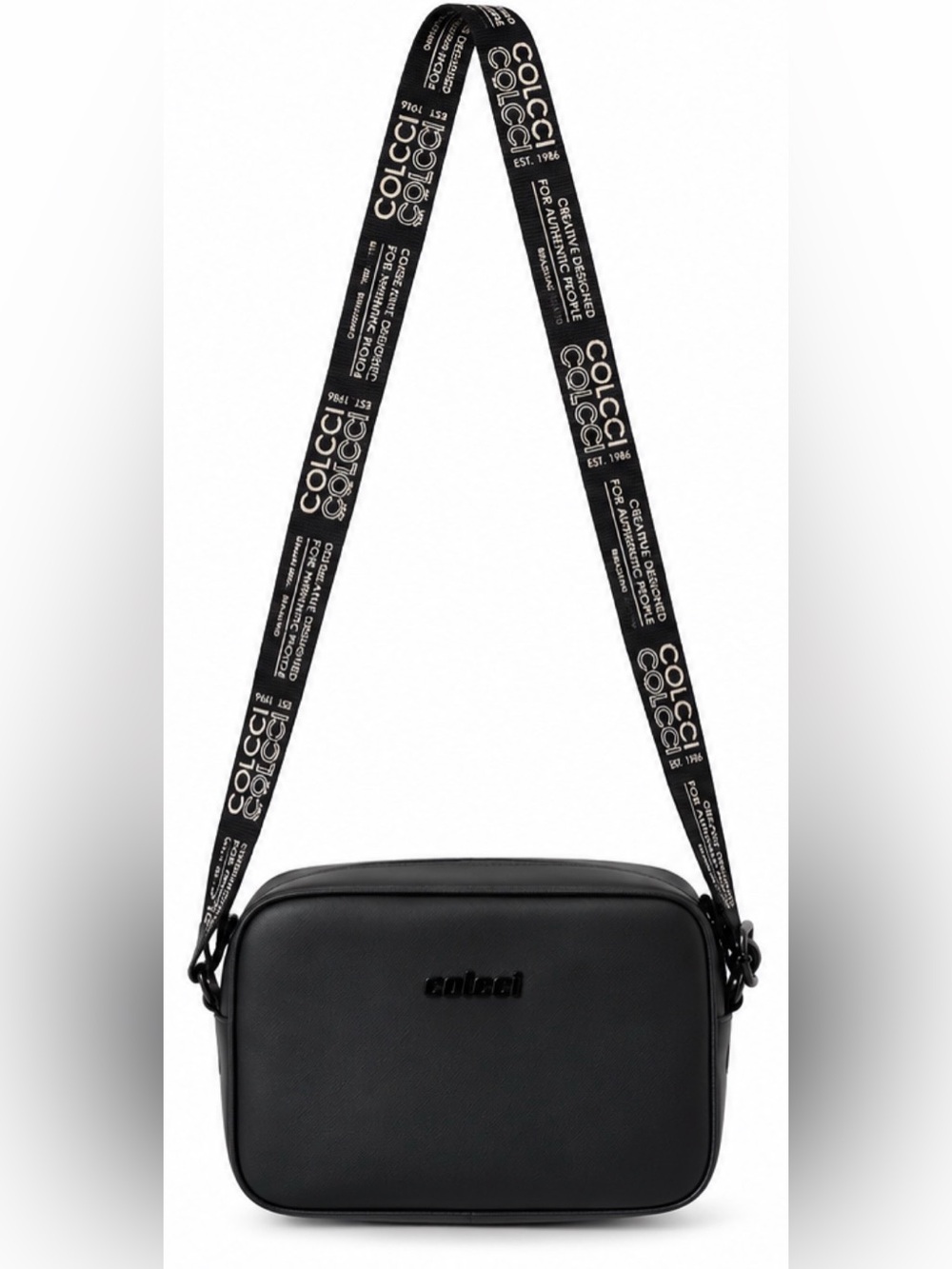 Colcci Black Leatherette Crossbody Messenger Bag with Logo Strap